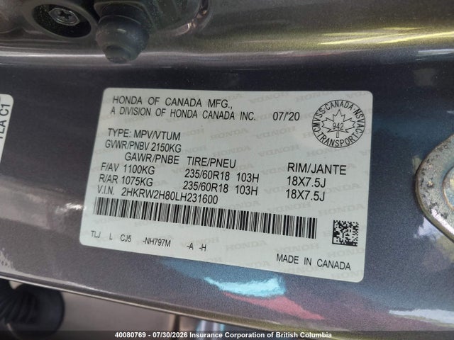 2HKRW2H80LH231600 Honda CR-V