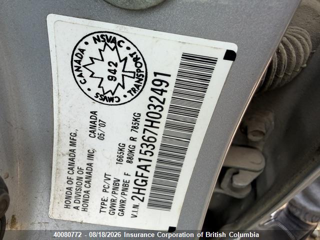 2007 Honda Civic მანქანა იყიდება აუქციონზე, vin: 2HGFA15367H032491, აუქციონის ნომერი: 40080772