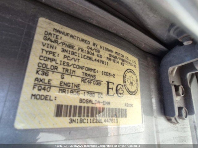 Aukcja sprzedaży 2008 Nissan Versa, vin: 3N1BC11E28L447611, numer aukcji: 40080793