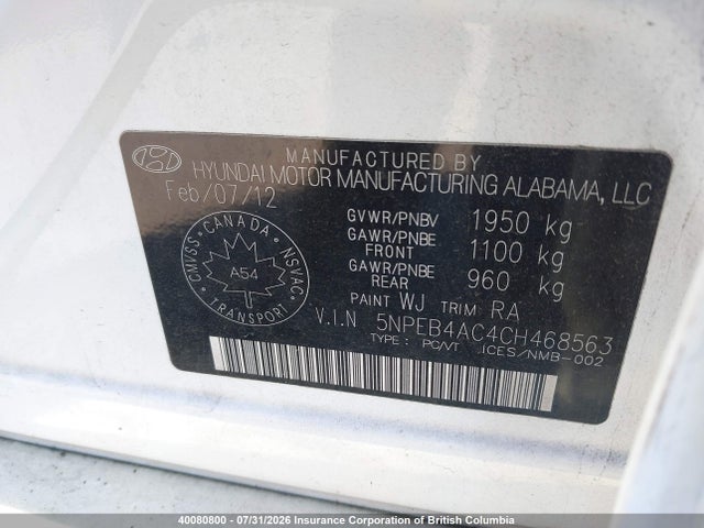 Продаж на аукціоні авто 2012 Hyundai Sonata Gls, vin: 5NPEB4AC4CH468563, номер лоту: 40080800
