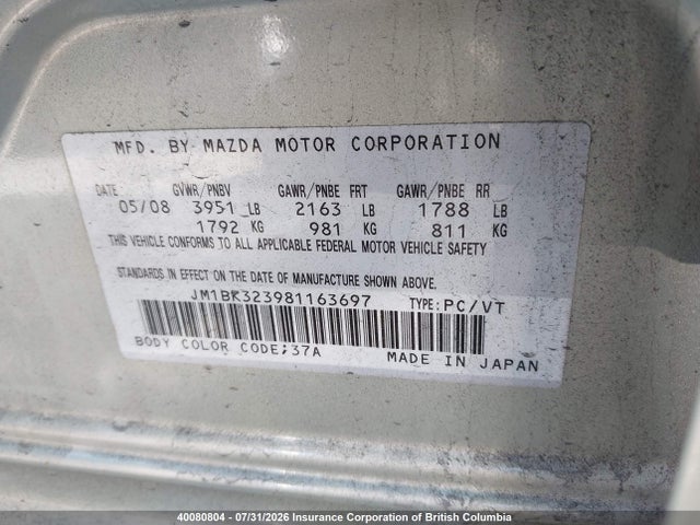 40080804 :رقم المزاد ، JM1BK323981163697 vin ، 2008 Mazda 3 S مزاد بيع