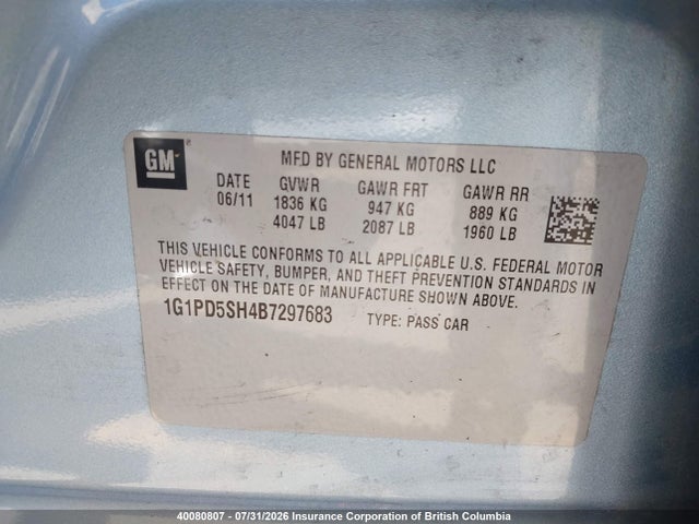 2011 Chevrolet Cruze მანქანა იყიდება აუქციონზე, vin: 1G1PD5SH4B7297683, აუქციონის ნომერი: 40080807