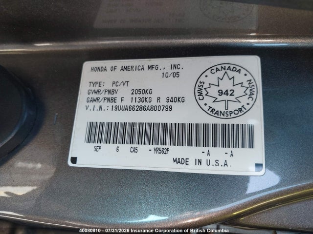 40080810 :رقم المزاد ، 19UUA66286A800799 vin ، 2006 Acura Tl مزاد بيع