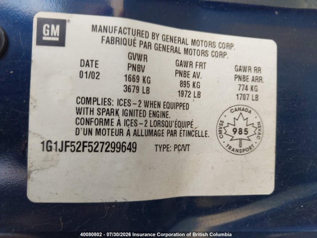 Продаж на аукціоні авто 2002 Chevrolet Cavalier Ls, vin: 1G1JF52F527299649, номер лоту: 40080802