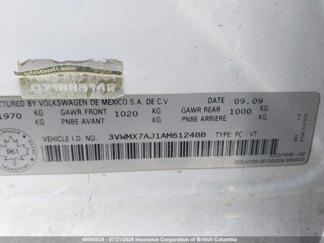 2010 Volkswagen Golf მანქანა იყიდება აუქციონზე, vin: 3VWMX7AJ1AM612488, აუქციონის ნომერი: 40080826