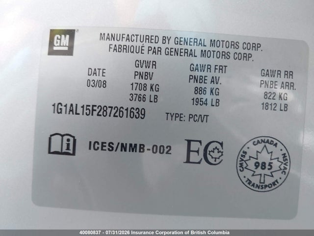 Aukcja sprzedaży 2008 Chevrolet Cobalt Lt, vin: 1G1AL15F287261639, numer aukcji: 40080837