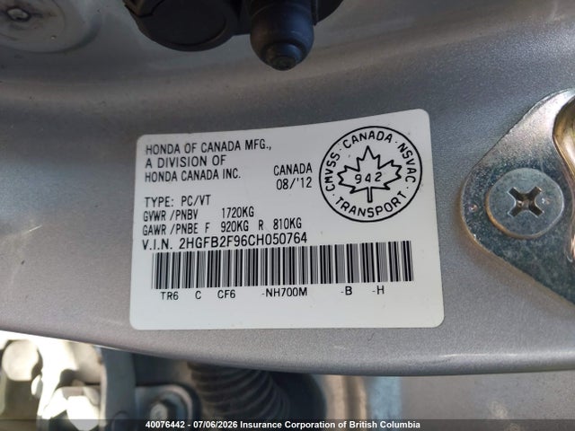 40076442 :رقم المزاد ، 2HGFB2F96CH050764 vin ، 2012 Honda Civic Exl مزاد بيع