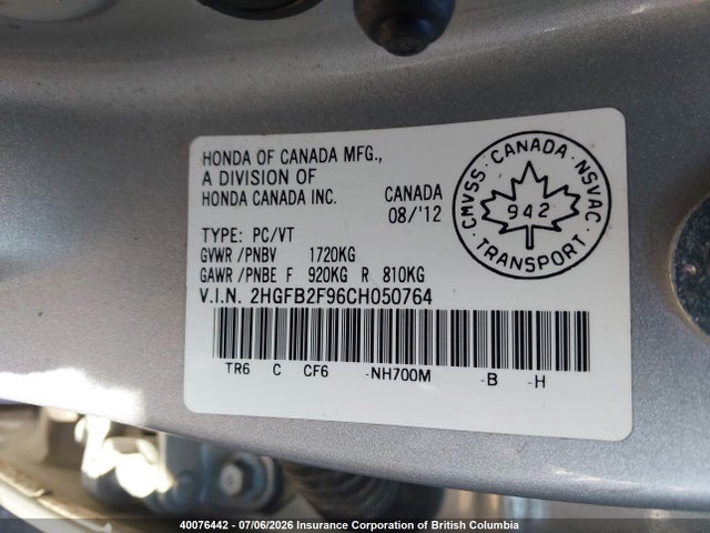 40076442 :رقم المزاد ، 2HGFB2F96CH050764 vin ، 2012 Honda Civic Exl مزاد بيع