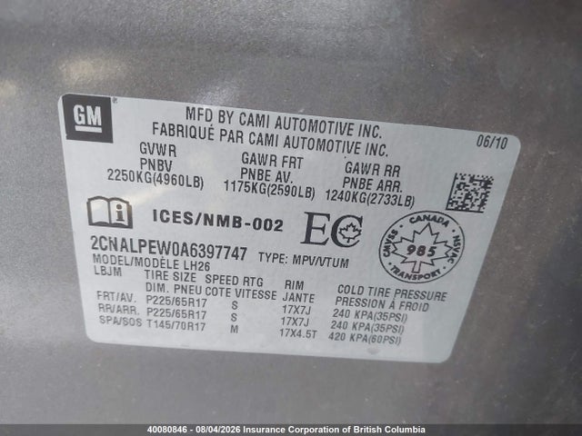 2010 Chevrolet Equinox 1lt/lt მანქანა იყიდება აუქციონზე, vin: 2CNALPEW0A6397747, აუქციონის ნომერი: 40080846