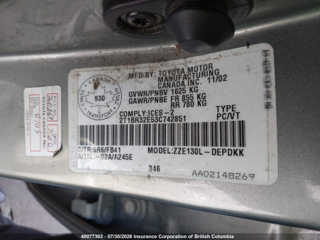 Продаж на аукціоні авто 2003 Toyota Corolla Ce/le/s, vin: 2T1BR32E53C742851, номер лоту: 40077303