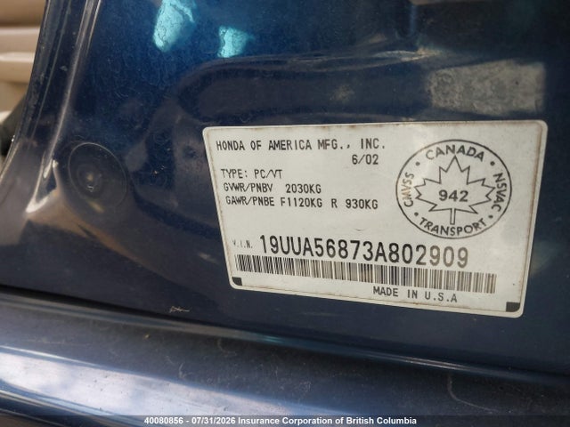40080856 :رقم المزاد ، 19UUA56873A802909 vin ، 2003 Acura 3.2tl مزاد بيع
