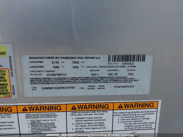 2023 Novae Cargo Box Trailer მანქანა იყიდება აუქციონზე, vin: 5JWWE162XP6310765, აუქციონის ნომერი: 40080858