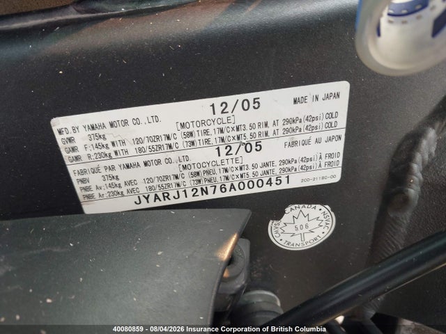 Aukcja sprzedaży 2006 Yamaha Yzfr6, vin: JYARJ12N76A000451, numer aukcji: 40080859