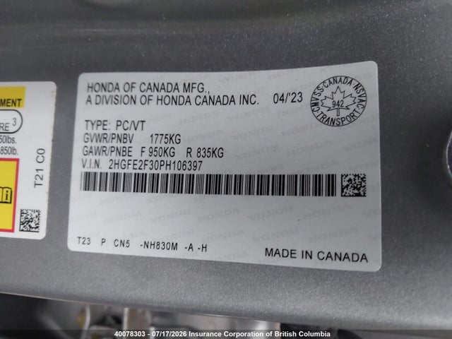 Honda CIVIC EX 2023 2HGFE2F30PH106397 Image 9