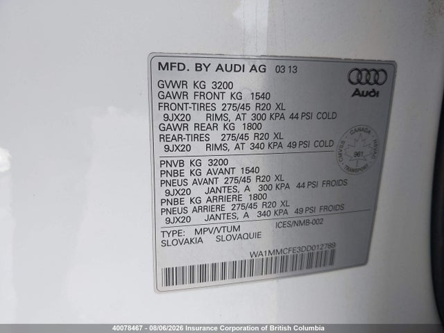 Продаж на аукціоні авто 2013 Audi Q7 3.0 Tdi Premium, vin: WA1MMCFE3DD012789, номер лоту: 40078467