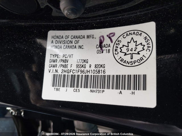 Honda Civic Touring 2018 2HGFC1F96JH105816 Image 9