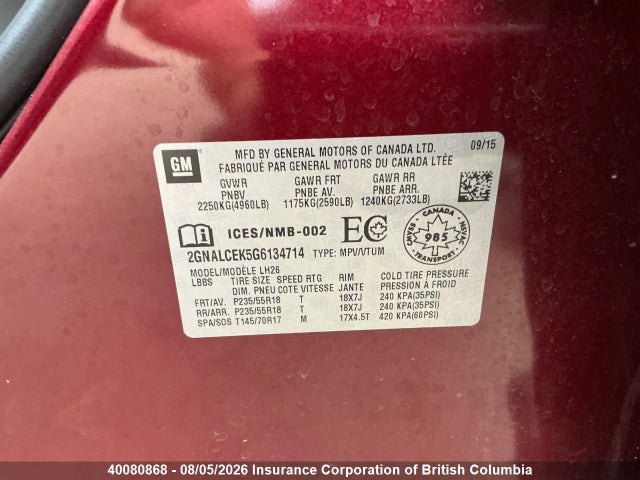 40080868 :رقم المزاد ، 2GNALCEK5G6134714 vin ، 2016 Chevrolet Equinox Lt مزاد بيع