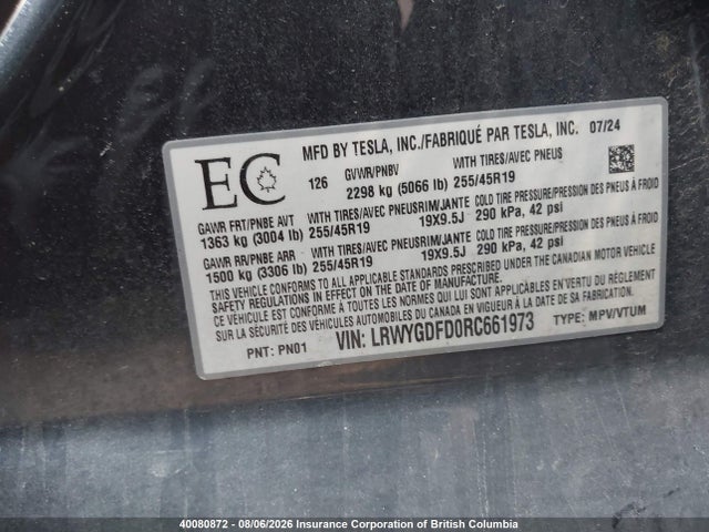 2024 Tesla Model Y მანქანა იყიდება აუქციონზე, vin: LRWYGDFD0RC661973, აუქციონის ნომერი: 40080872