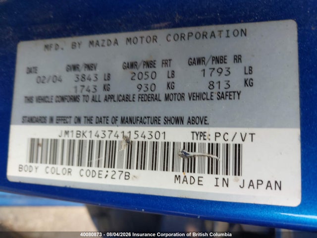 40080873 :رقم المزاد ، JM1BK143741154301 vin ، 2004 Mazda 3 Hatchback مزاد بيع
