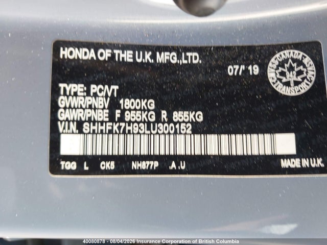 Продаж на аукціоні авто 2020 Honda Civic, vin: SHHFK7H93LU300152, номер лоту: 40080878
