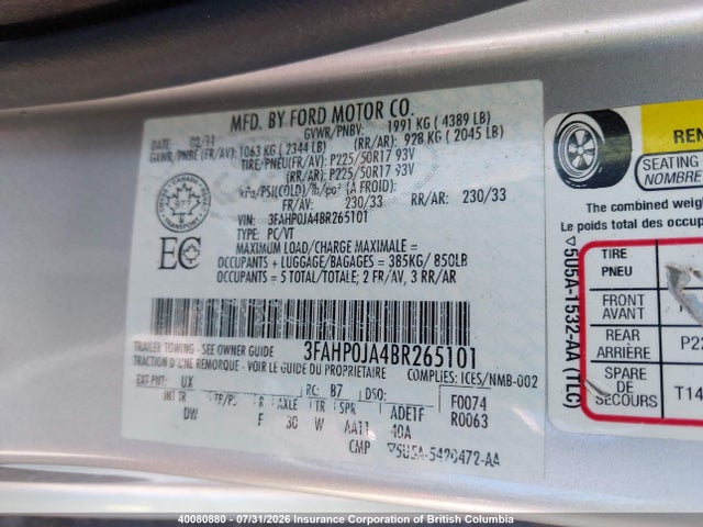 Aukcja sprzedaży 2011 Ford Fusion Sel, vin: 3FAHP0JA4BR265101, numer aukcji: 40080880
