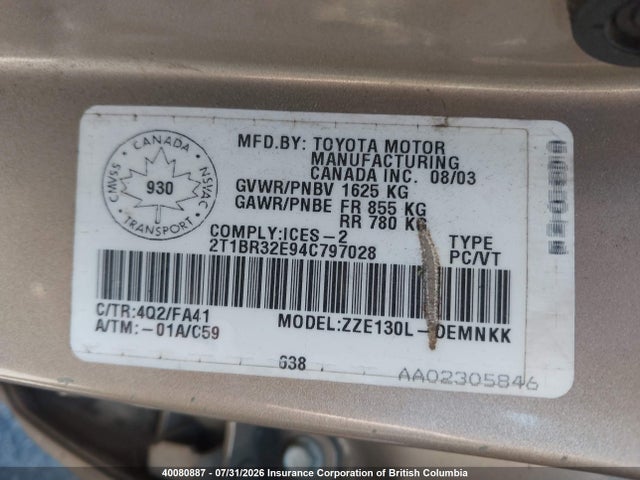 Продаж на аукціоні авто 2004 Toyota Corolla Ce/le/s, vin: 2T1BR32E94C797028, номер лоту: 40080887