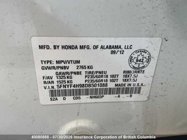 40080888 :رقم المزاد ، 5FNYF4H98DB501088 vin ، 2013 Honda Pilot مزاد بيع
