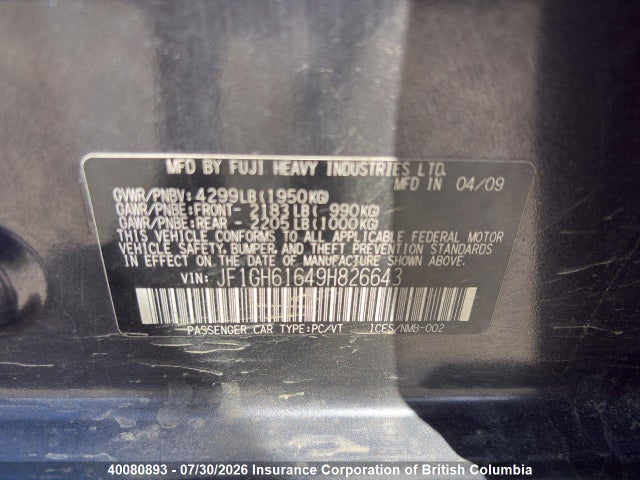 40080893 :رقم المزاد ، JF1GH61649H826643 vin ، 2009 Subaru Impreza 2.5 I مزاد بيع