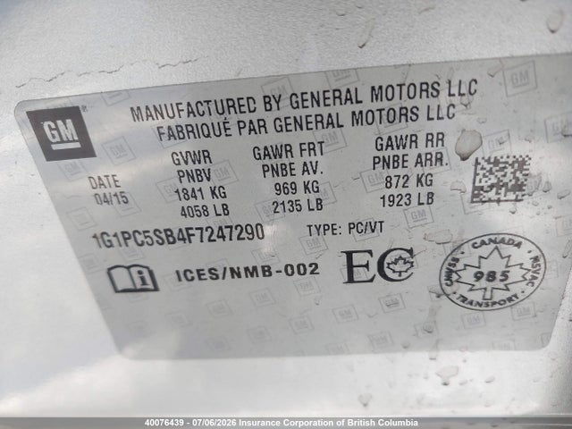 Aukcja sprzedaży 2015 Chevrolet Cruze Lt, vin: 1G1PC5SB4F7247290, numer aukcji: 40076439