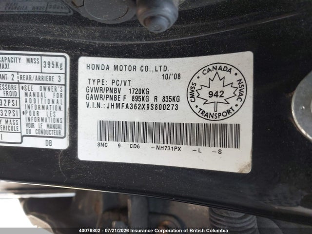 40078802 :رقم المزاد ، JHMFA362X9S800273 vin ، 2009 Honda Civic Hybrid مزاد بيع