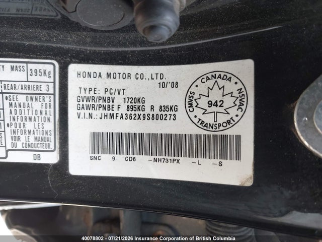 40078802 :رقم المزاد ، JHMFA362X9S800273 vin ، 2009 Honda Civic Hybrid مزاد بيع