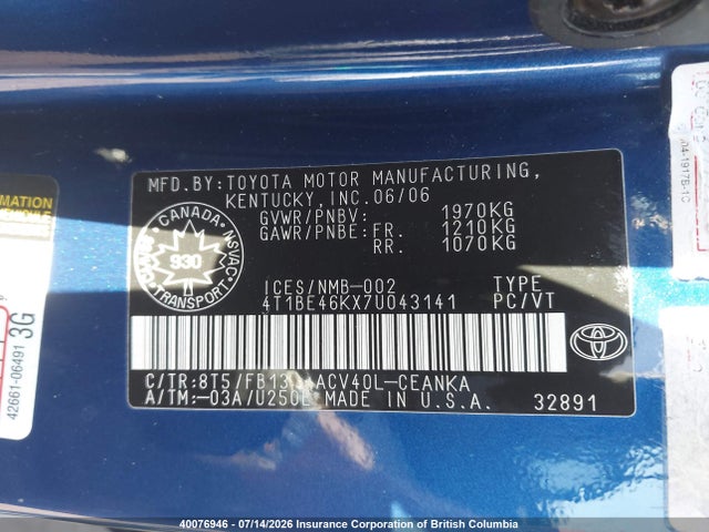 Продажа на аукционе авто 2007 Toyota Camry Ce/le/xle/se, vin: 4T1BE46KX7U043141, номер лота: 40076946