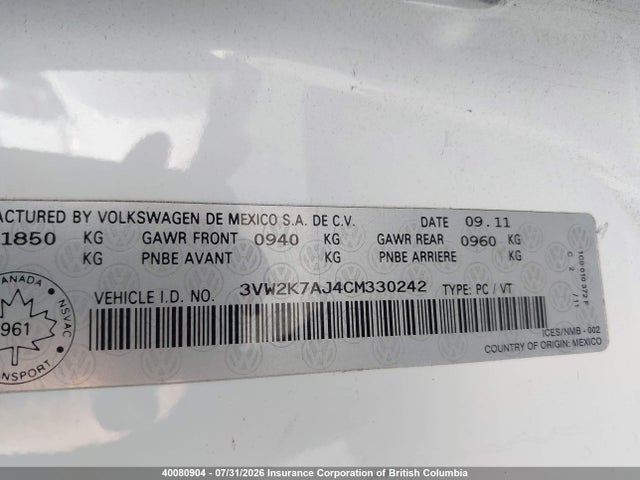 Продаж на аукціоні авто 2012 Volkswagen Jetta, vin: 3VW2K7AJ4CM330242, номер лоту: 40080904