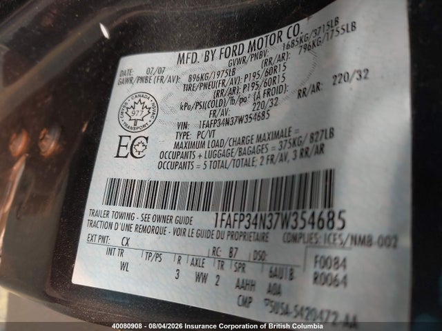 40080908 :رقم المزاد ، 1FAFP34N37W354685 vin ، 2007 Ford Focus مزاد بيع
