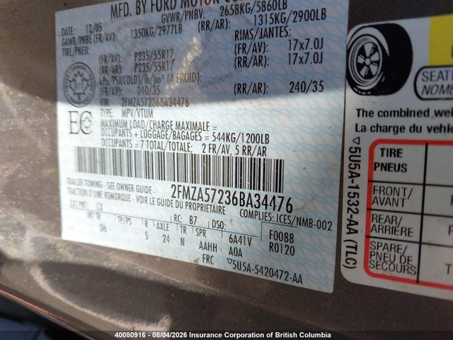 40080916 :رقم المزاد ، 2FMZA57236BA34476 vin ، 2006 Ford Freestar Sport مزاد بيع