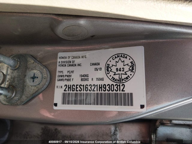 Aukcja sprzedaży 2001 Honda Civic, vin: 2HGES16321H930312, numer aukcji: 40080917
