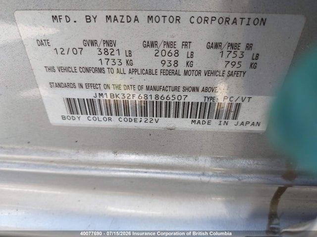40077690 :رقم المزاد ، JM1BK32F681866507 vin ، 2008 Mazda 3 I مزاد بيع