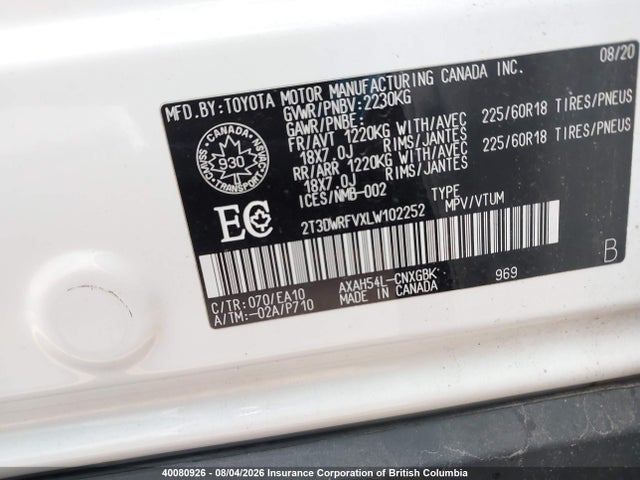 2T3DWRFVXLW102252 Toyota RAV4