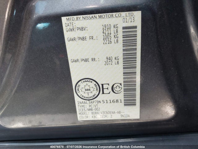Aukcja sprzedaży 2013 Nissan Altima 2.5/s/sv/sl, vin: 1N4AL3AP7DN511681, numer aukcji: 40076578