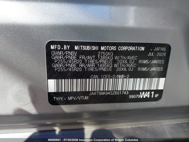 Продаж на аукціоні авто 2025 Mitsubishi Outlander Sel, vin: JA4T5WA94SZ601743, номер лоту: 40080941