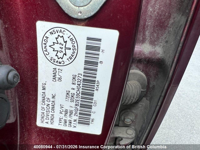 40080944 :رقم المزاد ، 2HGFB2E59CH043273 vin ، 2012 Honda Civic مزاد بيع