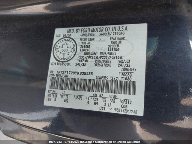 2000 Ford F150 მანქანა იყიდება აუქციონზე, vin: 1FTZF1728YKB38288, აუქციონის ნომერი: 40077783