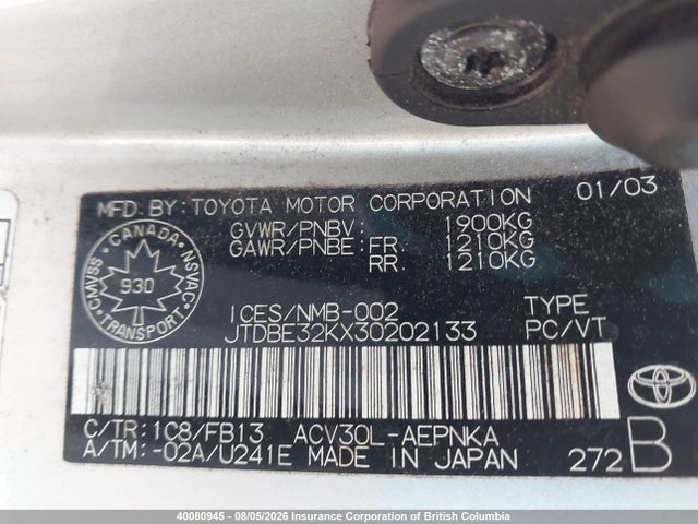 40080945 :رقم المزاد ، JTDBE32KX30202133 vin ، 2003 Toyota Camry مزاد بيع