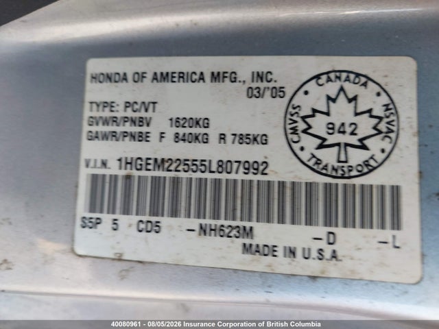 40080961 :رقم المزاد ، 1HGEM22555L807992 vin ، 2005 Honda Civic مزاد بيع
