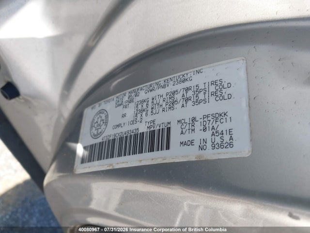 40080967 :رقم المزاد ، 4T3ZF19CX2U493435 vin ، 2002 Toyota Sienna Ce مزاد بيع