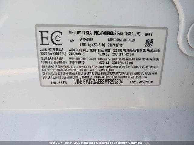 Tesla Model Y 2021 5YJYGAEE2MF299894 Image 9