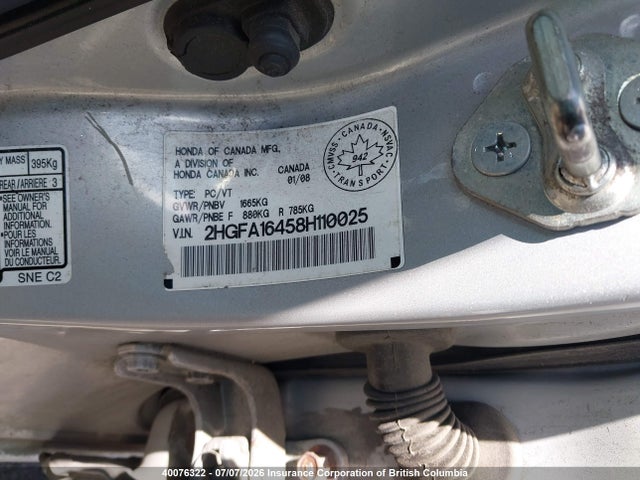 Aukcja sprzedaży 2008 Honda Civic Dx-g, vin: 2HGFA16458H110025, numer aukcji: 40076322