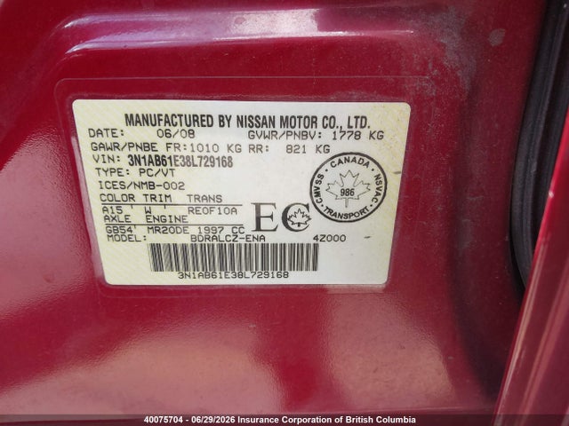 Aukcja sprzedaży 2008 Nissan Sentra 2.0/2.0s/2.0sl, vin: 3N1AB61E38L729168, numer aukcji: 40075704