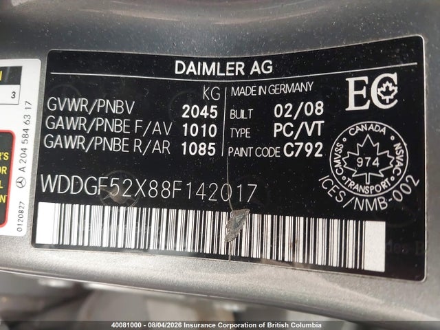Auction sale of the 2008 Mercedes-benz C 230, vin: WDDGF52X88F142017, lot number: 40081000