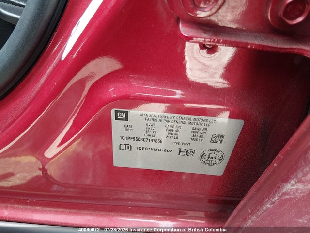 Aukcja sprzedaży 2012 Chevrolet Cruze Lt, vin: 1G1PF5SC3C7187868, numer aukcji: 40080072
